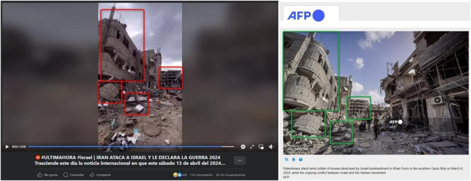 <span>Comparación de capturas de pantalla de una publicación en Facebook (I) y una fotografía de la AFP, hecha el 17 de abril de 2024</span>