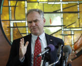 <p>Sen. Tim Kaine speaks to reporters following a roundtable discussion on immigration reform at a church in Arlington, Va., July 21, 2016. (Photo: Manuel Balce Ceneta/AP)</p>