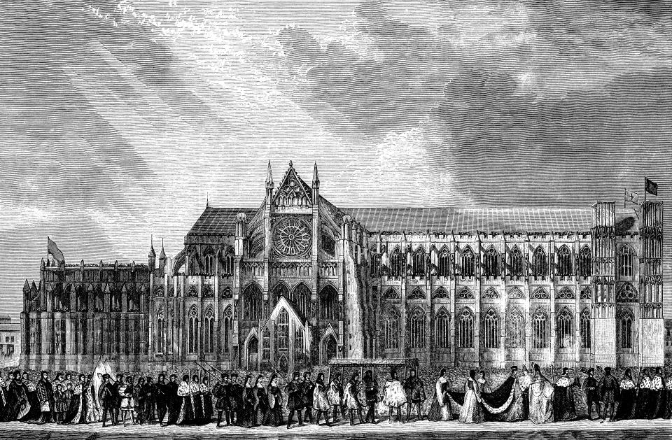 The Coronation procession of Anne Boleyn to Westminster Abbey. Anne Boleyn married Henry VIII of England on 25th January 1533 and her Coronation was held on 1st June, 1533. She was beheaded for supposed adultery, incest, witchcraft and high treason on 19th May 1536 - Henry was enamoured of Jane Seymour and wished to marry her. In all, Henry VIII had six wives, of which Anne Boleyn was the second. From “Old & New London” by Walter Thornbury and Edward Walford, published in parts by Cassell & Co, London from 1873-1888. These illustrations are from parts 30-35 inclusive.