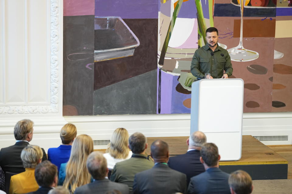 Ukraine's President Volodymyr Zelenskyy speaks at the Danish Parliament in Copenhagen, Monday Aug. 21, 2023. (Mads Claus Rasmussen/Ritzau Scanpix via AP)