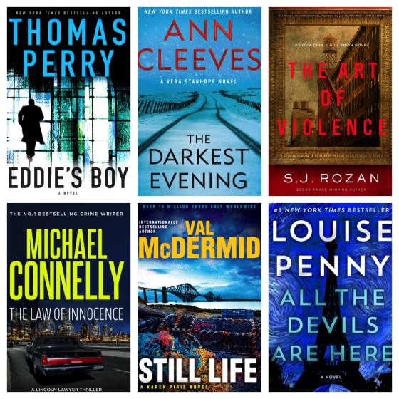 The best crime-series novels of fall 2020: From top left to right: "Eddie's Boy" by Thomas Perry, "The Darkest Evening" by Ann Cleeves, "The Art of Violence" by S.J. Rozan, "The Law of Innocence" by Michael Connelly, "Still Life" by Val Mc Dermid, and "All the Devils Are Here" by Louise Penny.