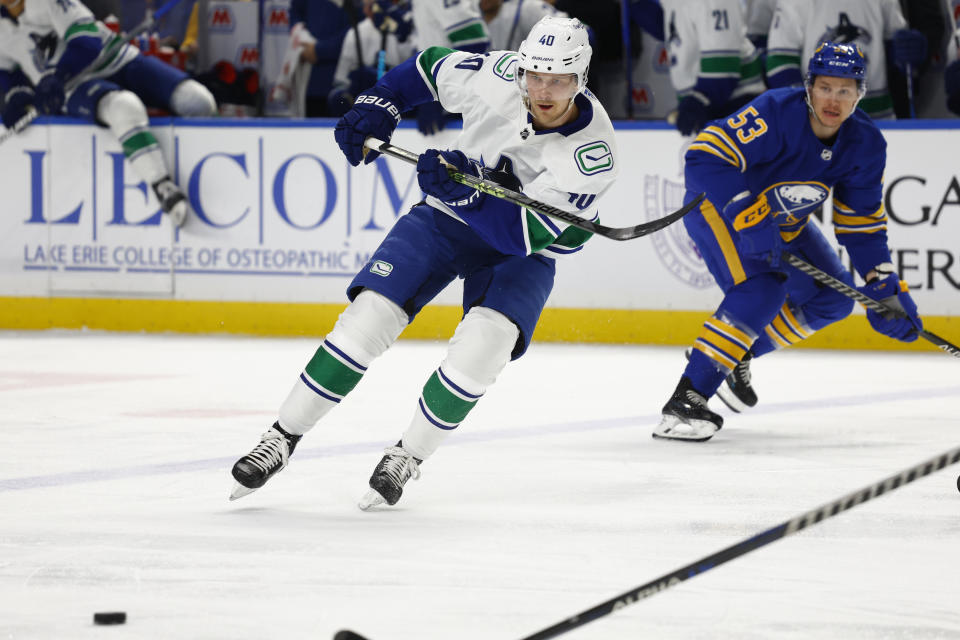 Vancouver Canucks center Elias Pettersson (40) passes the puck during the second period of an NHL hockey game against the Buffalo Sabres, Tuesday, Nov. 15, 2022, in Buffalo, N.Y. (AP Photo/Jeffrey T. Barnes)