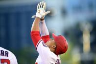 Washington Nationals' Juan Soto gestures after he hit a single in the first inning of a baseball game against the Pittsburgh Pirates, Tuesday, June 15, 2021, in Washington. (AP Photo/Nick Wass)