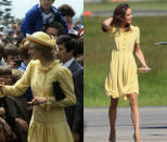 <p>Neither royals are afraid of wearing bright hues with the Princess of Wales boldly wearing a yellow number to visit Saint John New Brunswick in 1983. While Kate also wore a lemon dress on the Royal Tour of North America in 2011. [Photo: PA/ Getty] </p>