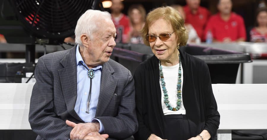 In this Sept. 30, 2018, file photo former President Jimmy Carter and Rosalynn Carter are seen ahead of an NFL football game between the Atlanta Falcons and the Cincinnati Bengals in Atlanta. (AP Photo/John Amis, File)