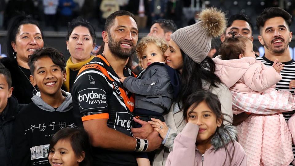 Benji Marshall poses for a memorable photo with family after his 300th NRL game. Pic: Getty