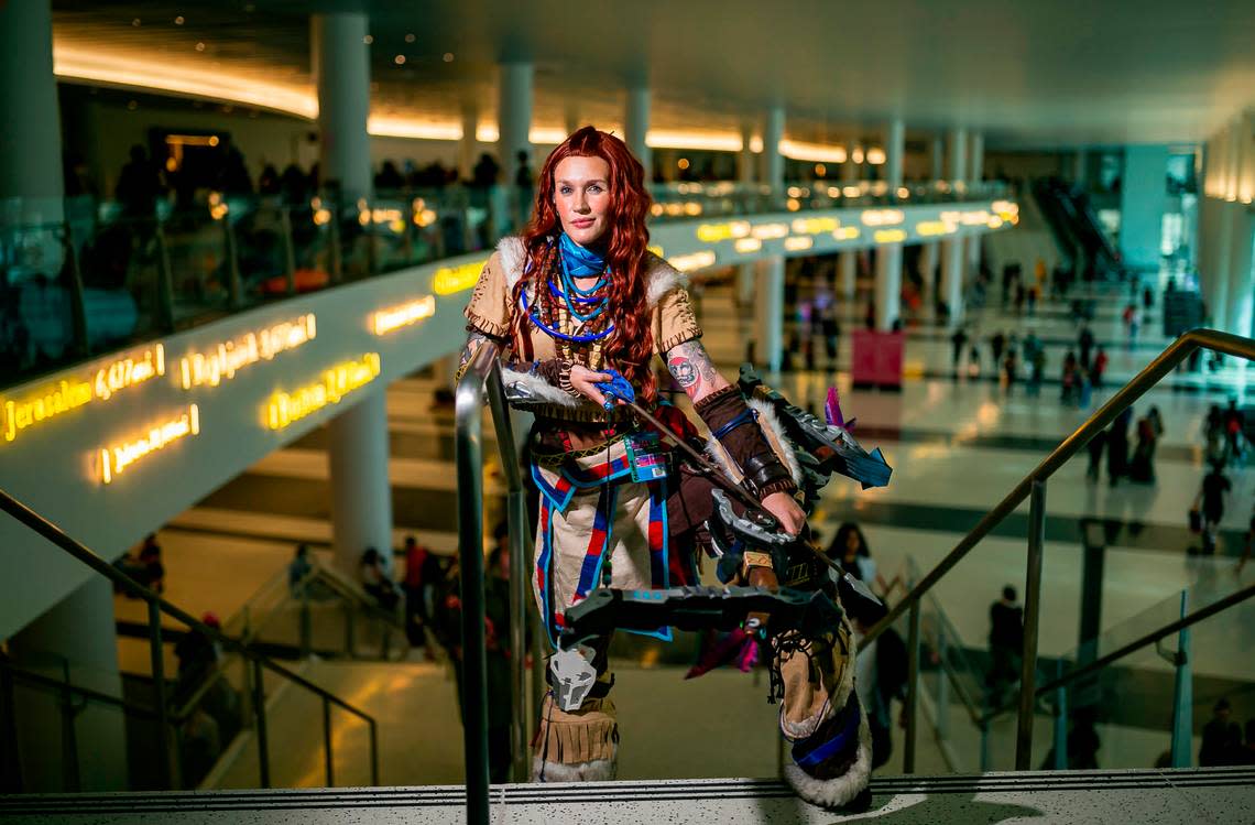 Briana O’Dowd cosplays as Aloy from the video game ‘Horizon Zero Dawn’ during Florida Supercon at the Miami Beach Convention Center.