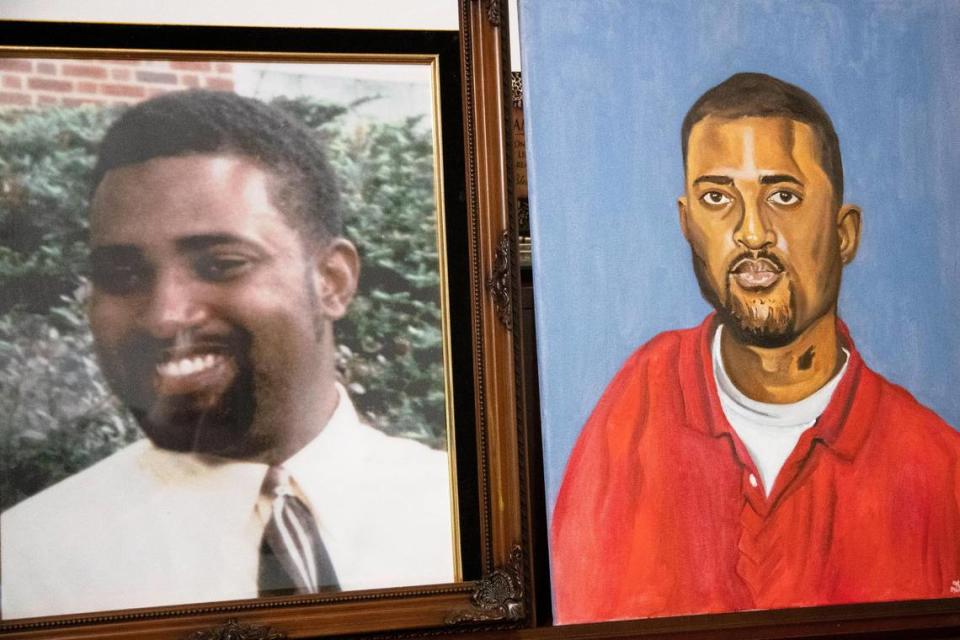 A photo and painting of Shelton Sanders at his family’s home in Rembert, South Carolina on Friday, July 9, 2021. Shelton went missing 20 years ago and the family hopes their campaign will help them find some closure.