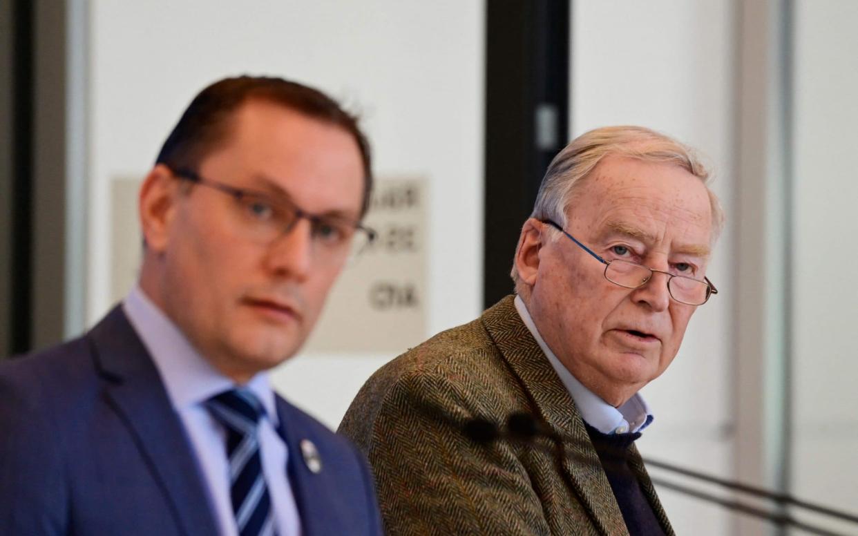 The co-leader of the parliamentary group of the Alternative for Germany (AfD) far-right party Alexander Gauland and the vice-leader of the parliamentary group Tino Chrupalla (L) address a press conference, on March 3, 2021 in the parliamentary compound of the Bundestag in Berlin, after Germany's domestic security agency has placed the far-right AfD under surveillance for posing a threat to democracy. - The Federal Office for the Protection of the Constitution (BfV) has classified the Alternative for Germany (AfD) party as a "suspected case" of ties to right-wing extremism, the sources told AFP. (Photo by Tobias SCHWARZ / AFP) (Photo by TOBIAS SCHWARZ/AFP via Getty Images) - TOBIAS SCHWARZ/AFP