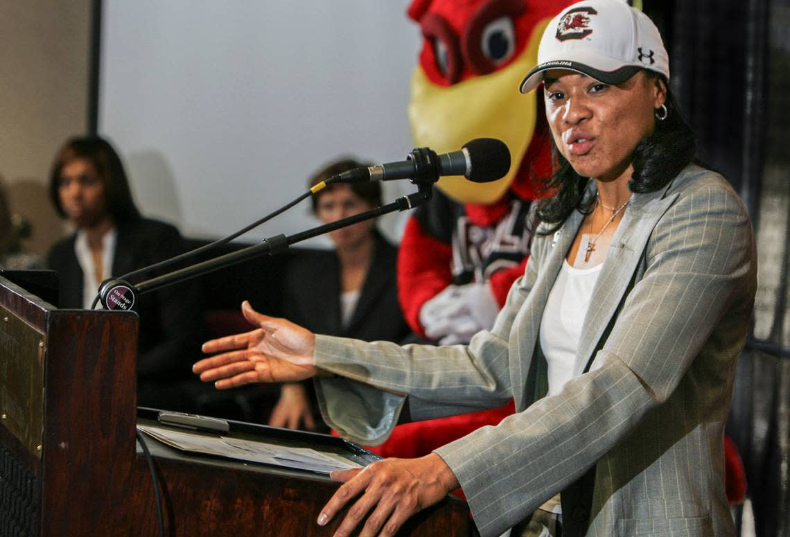 From Saturday, May 10, 2008: South Carolina women’s basketball coach Dawn Staley addresses the media during her introductory press conference in Columbia.