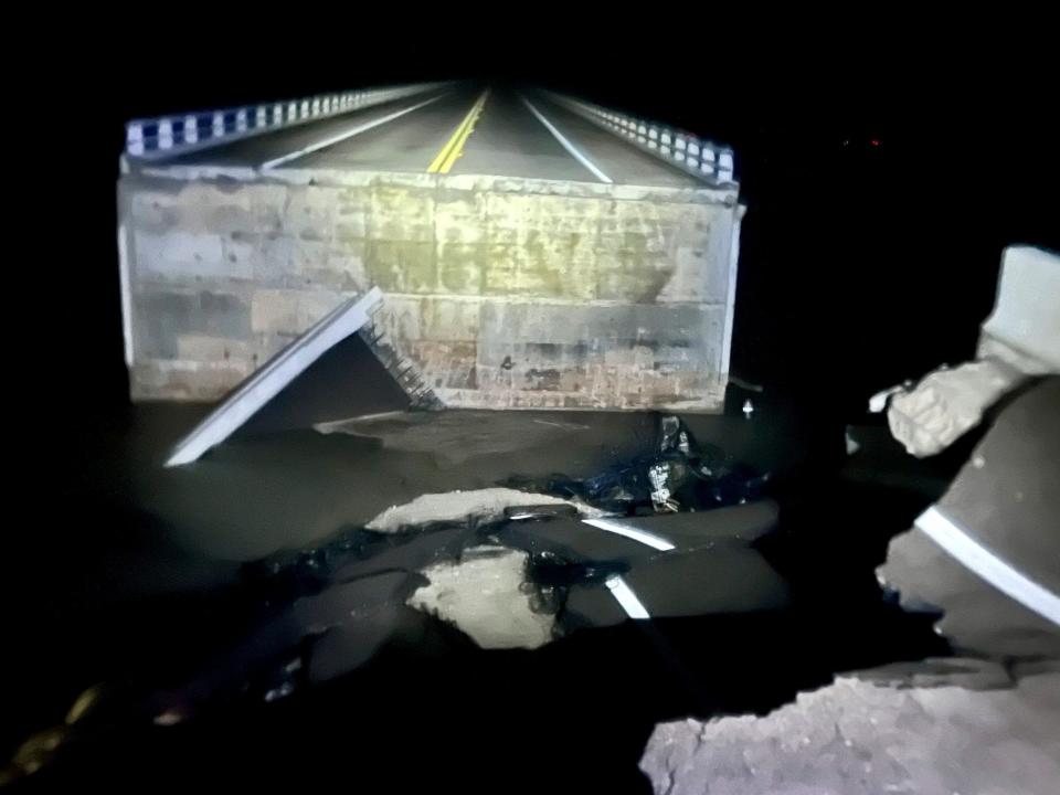 A section of the causeway leading to Sanibel, Fla., in Lee County was knocked out by Hurricane Ian Thursday, Sept. 29, 2022.