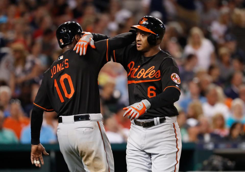 Baltimore Orioles second baseman Jonathan Schoop (6) celebrates his two-run home run against the Detroit Tigers with Adam Jones during the sixth inning of a baseball game in Detroit, Friday, Sept. 9, 2016.