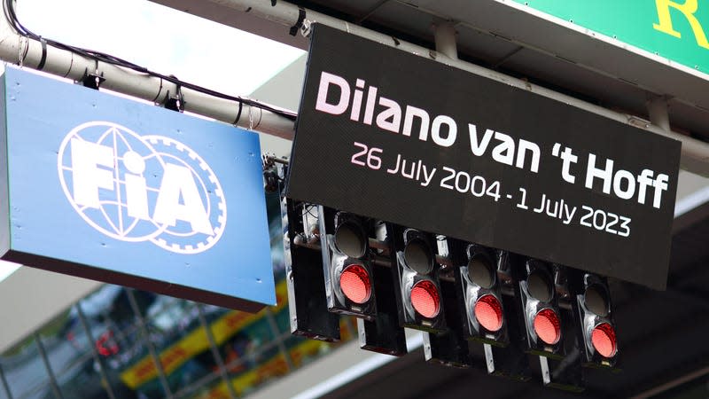 A screen is seen for the minutes silence to commemorate the passing of Dilano van't Hoff of Netherlands and MP Motorsport in the Formula Regional European Championship by Alpine event at Spa-Francorchamps during the F1 Grand Prix of Austria at Red Bull Ring
