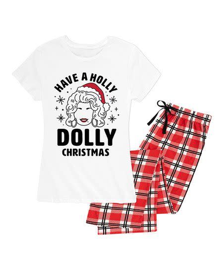 White & Red Plaid 'Have a Holly Dolly Christmas' Pajama Set - Women & Plus