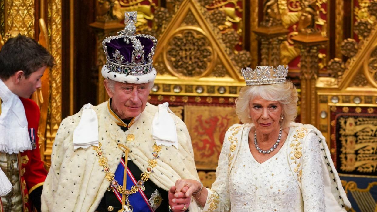 King Charles and Queen Camilla in their royal jewels