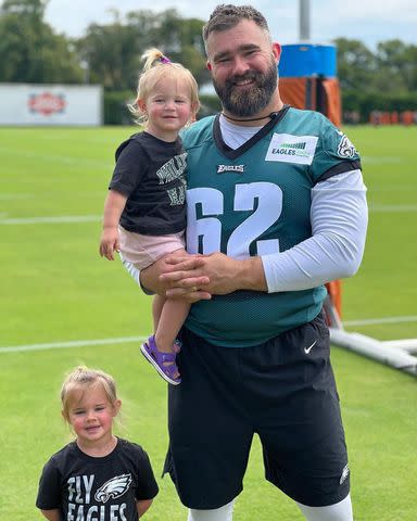 <p>Kylie Kelce/Instagram</p> Jason Kelce with his daughters Wyatt (left) and Elliotte