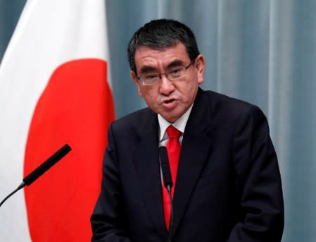 FILE PHOTO: Japan's Defence Minister Kono attends a news conference at PM Abe's official residence in Tokyo