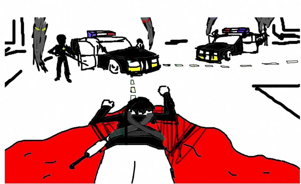 In an animated video the character resembling Robert Crimo is seen lying dead in a pool of blood surrounded by heavily armed law enforcement (Robert Crimo via REUTERS)