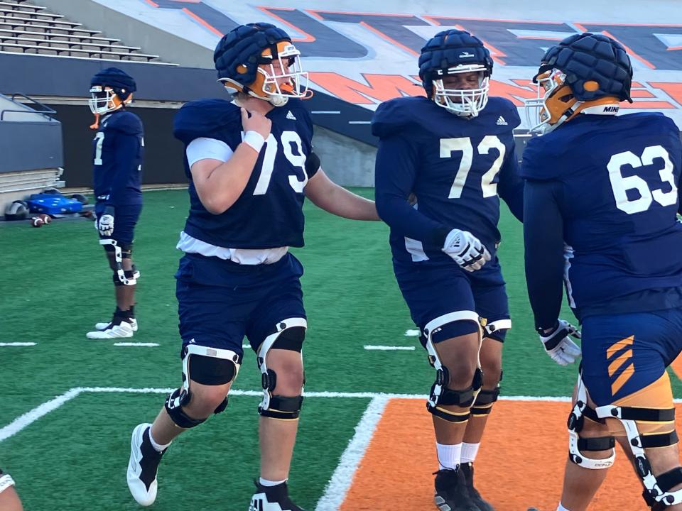 UTEP offensive lineman Tyrone McDuffie, center, competes in a drill Wednesday at the Sun Bowl