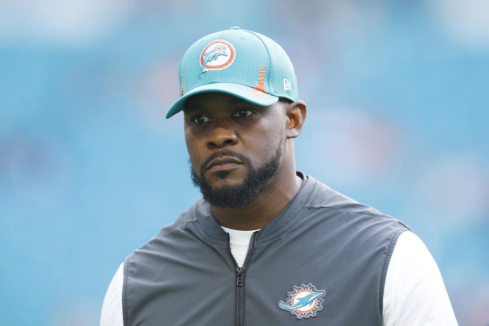 MIAMI GARDENS, FLORIDA - JANUARY 09: NFL Head coach Brian Flores of the Miami Dolphins looks on prior to the game against the New England Patriots at Hard Rock Stadium on January 09, 2022 in Miami Gardens, Florida. (Photo by Michael Reaves/Getty Images)