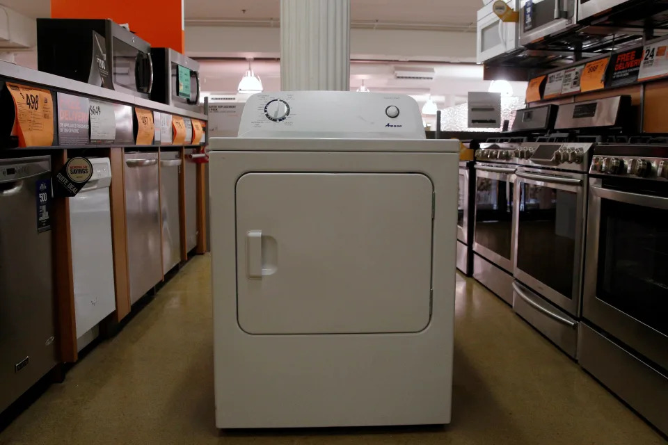 A clothes dryer is displayed in the appliance sections of a Home Depot store in New York City, U.S. May 31, 2016. REUTERS/Brendan McDermid