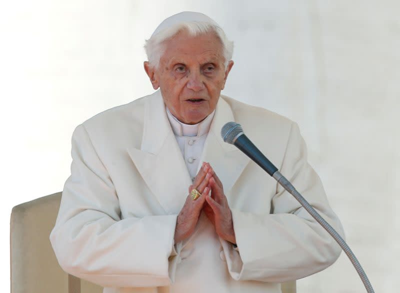 FILE PHOTO: Pope Benedict XVI finishes his last general audience in St Peter's Square at the Vatican