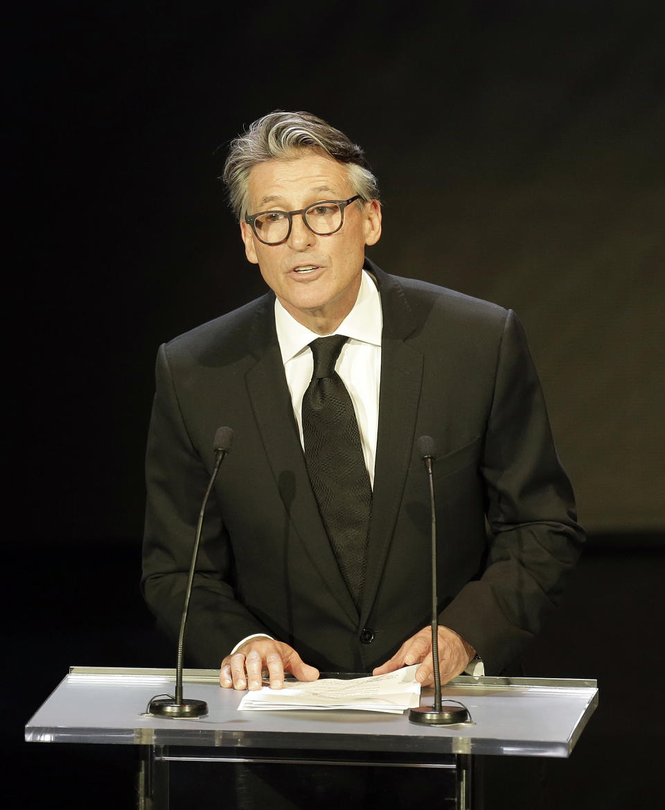 FILE - In this Nov. 24, 2017 file photo, President of the International Association of Athletics Federations (IAAF) Sebastian Coe, delivers a speech, during the 2017 World Athletics Gala Award, in Monaco.Coe says China and Japan are the two most improved countries in athletics over the last six or seven years.(AP Photo/Bernat Armangue)(AP Photo/Claude Paris,File)