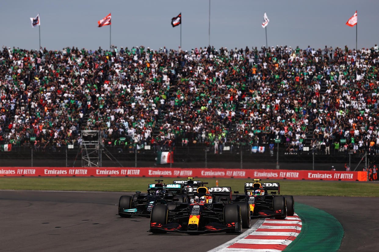 Max Verstappen leads Lewis Hamilton.