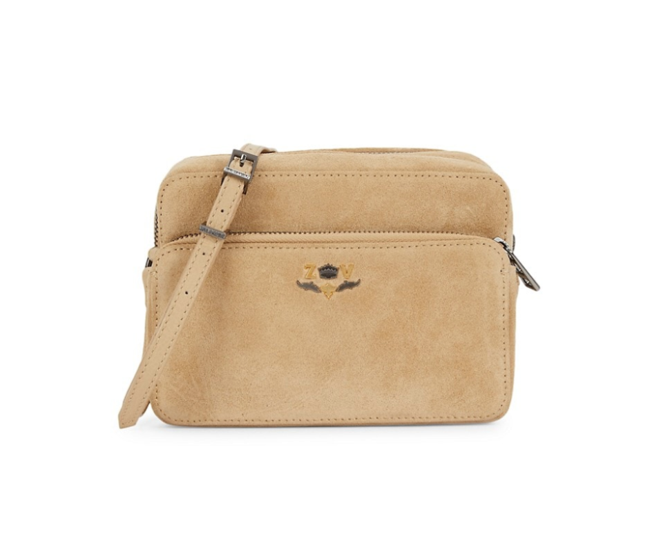 Zadig & Voltaire Boxy ‘Blason’ Suede Shoulder Bag in Taupe (Photo via Saks Off Fifth)