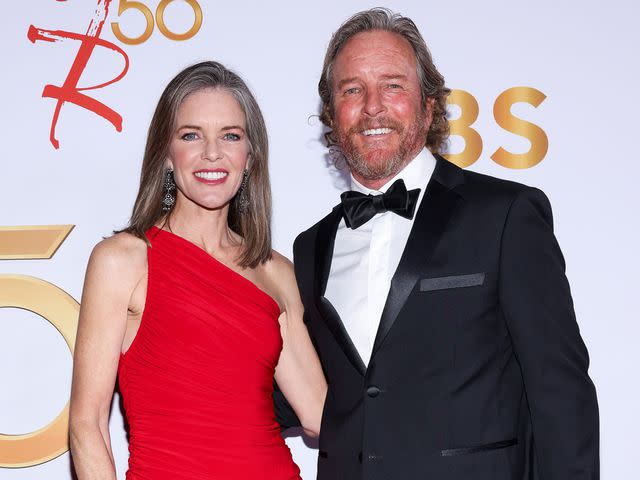 <p>Victoria Sirakova/Getty</p> Susan Walters and Linden Ashby attend Red carpet event for the 50th Anniversary of "The Young and The Restless"