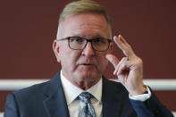 Attorney Robert Eglet, a lead plaintiffs' counsel, speaks during a news conference Thursday, Oct. 3, 2019, in Las Vegas. Two years after a shooter rained gunfire on country music fans from a high-rise Las Vegas hotel, MGM Resorts International reached a settlement that could pay up to $800 million to families of the 58 people who died and hundreds of others who were injured, attorneys said Thursday. (AP Photo/John Locher)