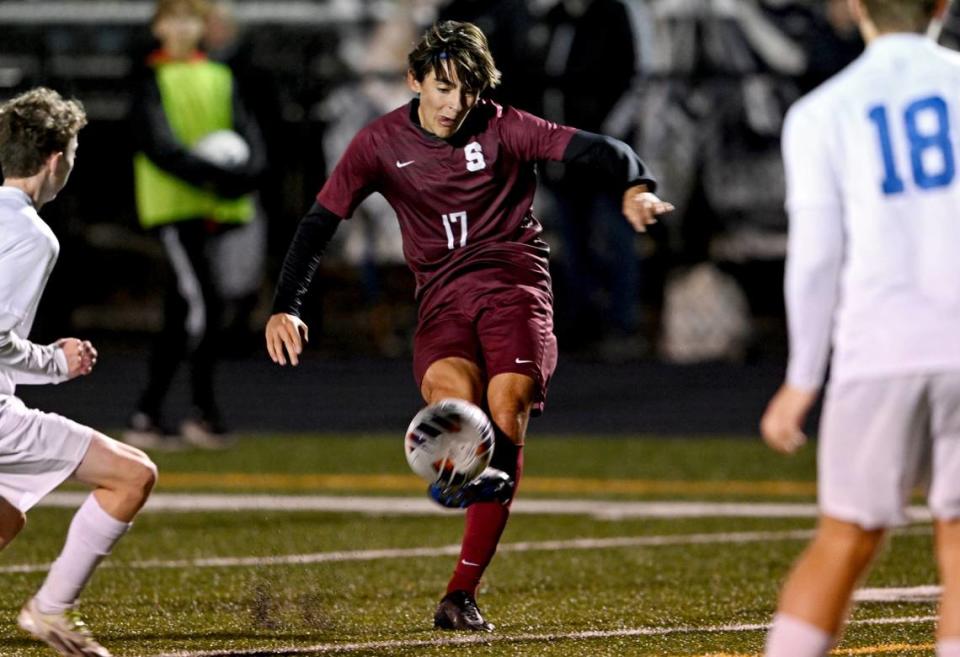 State College’s Will Kogelmann gets a goal during the District 6 4A championship game against Central Mountain on Monday Oct. 30, 2023.