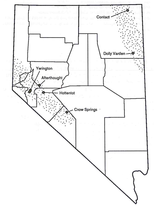 <i><strong>Figure 4. Locations of porphyry copper and related occurrences in Nevada of Late Triassic to Early Cretaceous age. (Source: Porphyry Copper and Related Occurrences in Nevada - NBMG Wendt & Albino 1991)</strong></i>