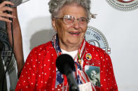 Mae Krier, who worked at a Boeing plant during World War II making B-17s and B-29s, speaks at a news conference in Pearl Harbor, Hawaii on Sunday, Dec. 5, 2021. A few dozen survivors of Pearl Harbor are expected to gather Tuesday, Dec. 7 at the site of the Japanese bombing 80 years ago to remember those killed in the attack that launched the U.S. into World War II. (AP Photo/Audrey McAvoy)