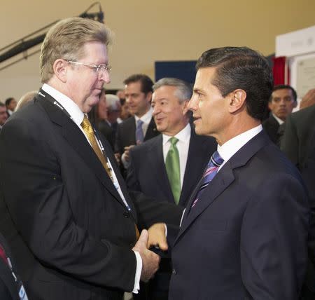 FILE PHOTO: German Larrea (L) and Mexico's President Enrique Pena Nieto shake hands during an event in Mexico City on September 9, 2014 in this handout picture made available to Reuters on September 19, 2014. REUTERS/Mexico PresidencyHandout via Reuters/File Photo