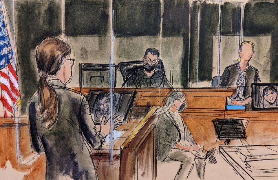 The second accuser to take the stand, “Kate”, is seen in a court sketch testifying on 6 December in New York (AP)