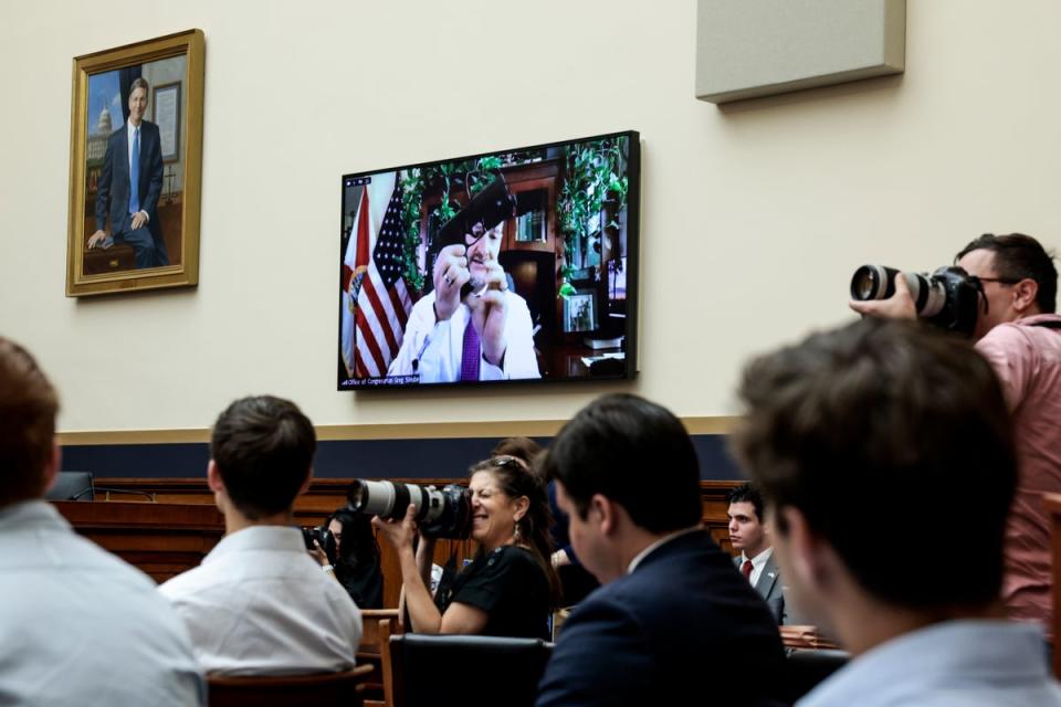 Rep. Greg Steube (R-FL) demonstrates assembling his handgun as he speaks remotely during during a House Judiciary Committee mark up hearing in the Rayburn House Office Building on June 02, 2022 in Washington, DC (Getty Images)