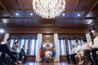 Secretary of State Antony Blinken, third from left, meets with Philippine President Ferdinand Marcos Jr., center, at the Malacanang Palace in Manila, Philippians, Saturday, Aug. 6, 2022. Blinken is on a ten day trip to Cambodia, Philippines, South Africa, Congo, and Rwanda. (AP Photo/Andrew Harnik, Pool)