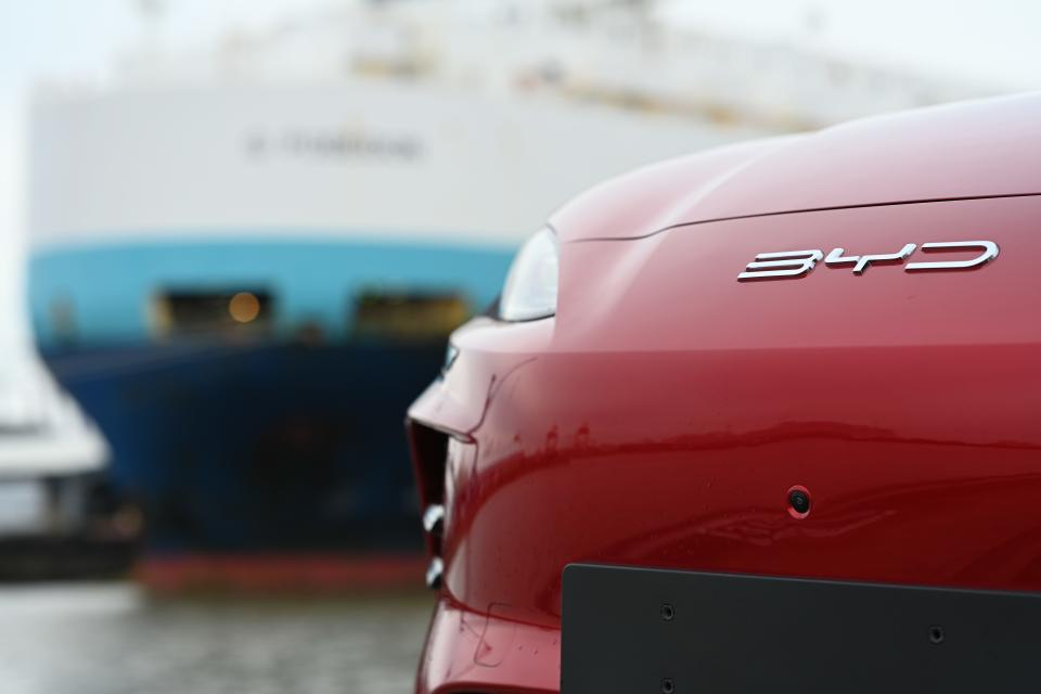 View of the logo of car manufacturer BYD at the BLG Auto Terminal Bremerhaven.