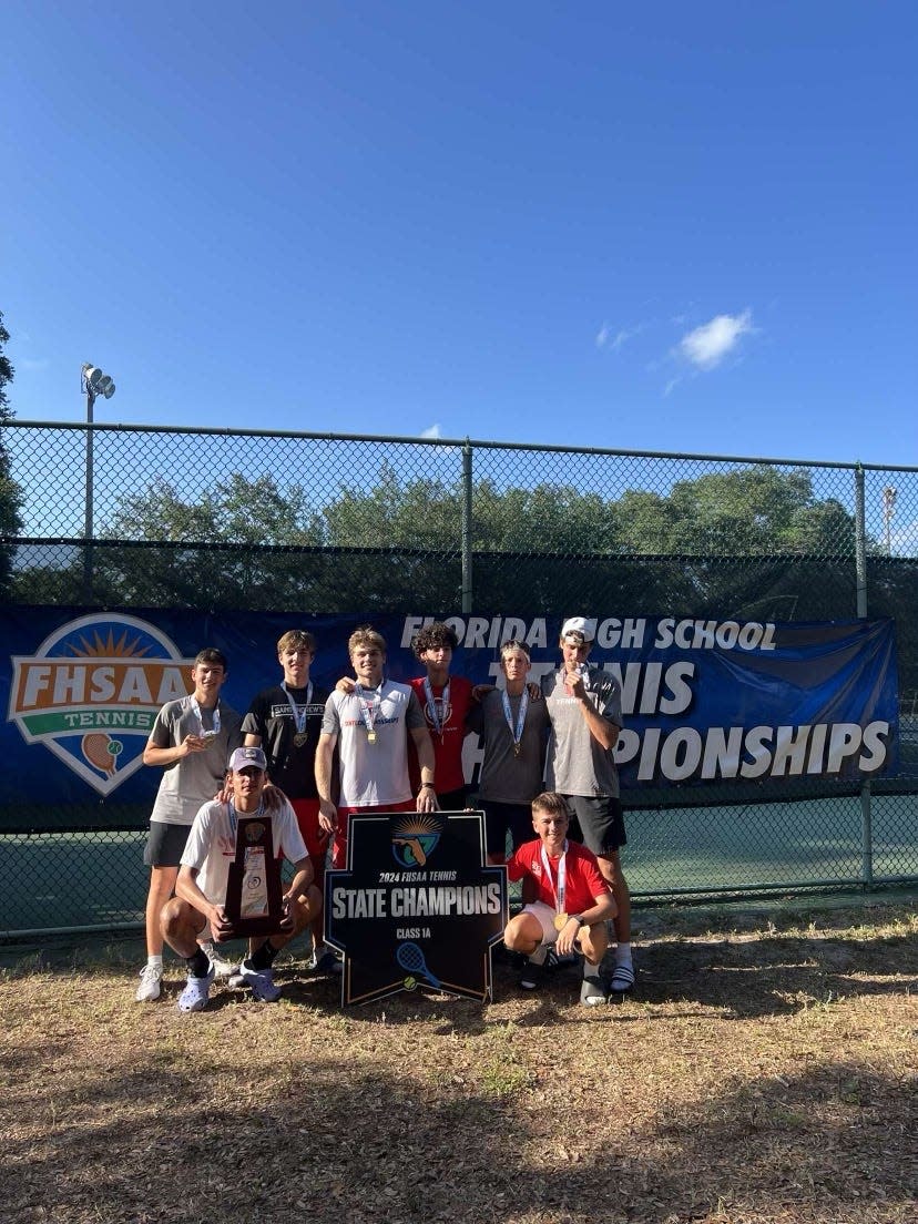 The St. Andrew's boys tennis team celebrates its fifth consecutive state championship on Thursday, May 2, 2024.