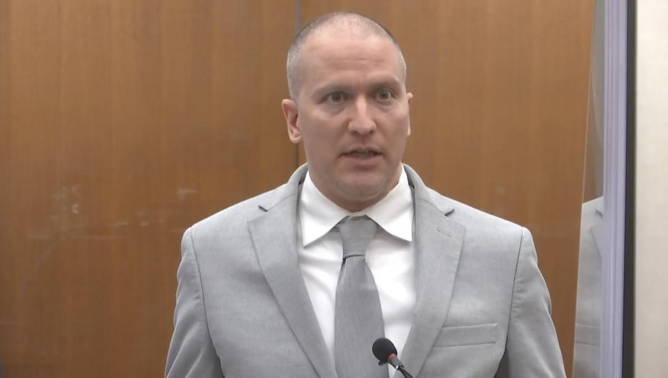 FILE - In this June 25, 2021, file image taken from video, former Minneapolis police Officer Derek Chauvin addresses the court as Hennepin County Judge Peter Cahill presides over Chauvin's sentencing at the Hennepin County Courthouse in Minneapolis. A coalition of news media outlets, including The Associated Press, is asking the judge who oversaw the trial of Chauvin to release the identities of jurors who convicted him in the death of George Floyd. In a court filing Wednesday, Aug. 4, 2021, the coalition said the court's desire to protect jurors from unwanted publicity is not grounds to keep their identities sealed under law. Chauvin was found guilty of murder and manslaughter and was sentenced to 22 1/2 years. (Court TV via AP, Pool, File)