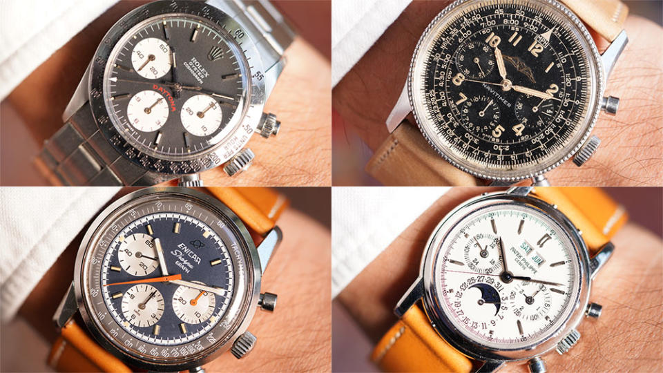 Wind Vintage inventory pieces include (clockwise from upper left), a Rolex “Big Red” Daytona Reference 6265 (,000) a Breitling Navitimer Early Reference 806 Valjoux 72 (,000), a 2004 Patek Philippe Reference 3970EP (5,000) and an Enicar Sherpa Graph “Mark IV” (,900). - Credit: Courtesy of Wind Vintage