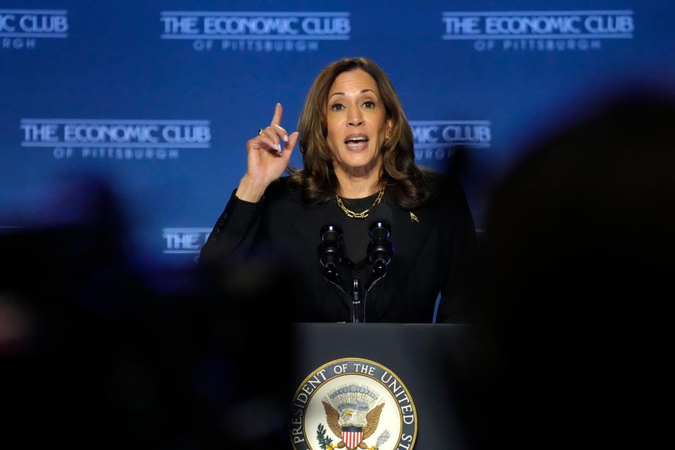 Democratic presidential nominee Vice President Kamala Harris addresses the Economic Club of Pittsburgh on the Carnegie Mellon University campus in Pittsburgh, Wednesday, Sept. 25, 2024 (AP)