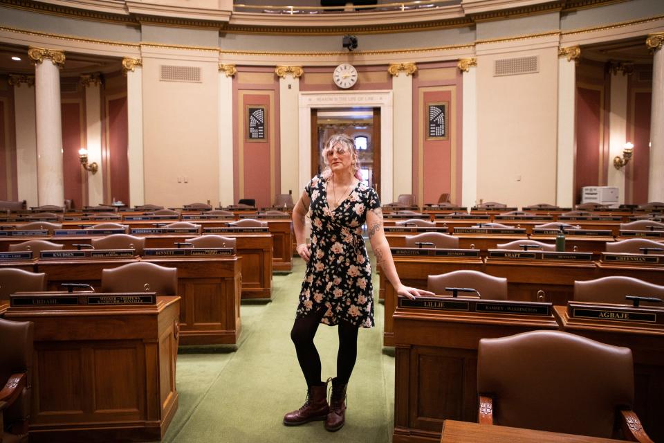 Minnesota House District 66A Rep. Leigh Finke (DFL) stands in the House of Representatives chambers in St. Paul, Minnesota.