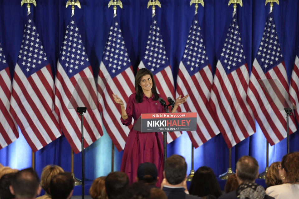 Republican presidential candidate former UN Ambassador Nikki Haley speaks at a caucus night party at the Marriott Hotel in West Des Moines, Iowa, Monday, Jan. 15, 2024. (AP Photo/Abbie Parr)