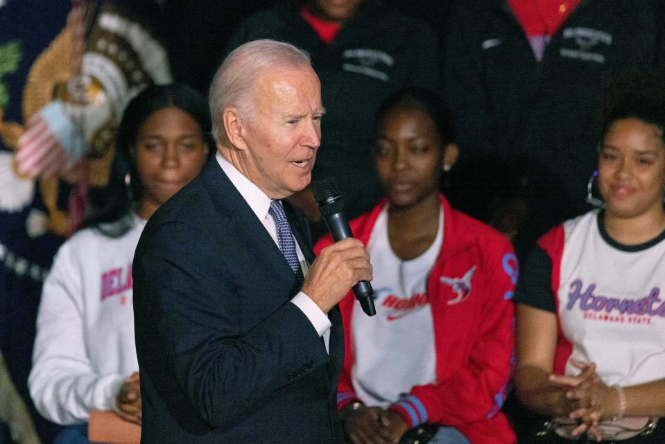 President Joe Biden speaks about student loan relief during an appearance at Delaware State University in October.