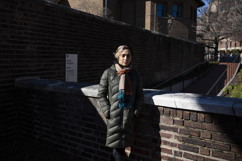 Dr. Lyra Monteiro of the 'Finding Ceremony' community group was refused entry to the University of Pennsylvania's Penn Museum for a public commemoration service for 19 unidentified Black Philadelphians whose remains were part of a museum display on Saturday, Feb. 3, 2024, in Philadelphia. As part of a growing effort among museums to reevaluate the curation of human remains, the Ivy League school laid some of the remains to rest last week. (AP Photo/Joe Lamberti)