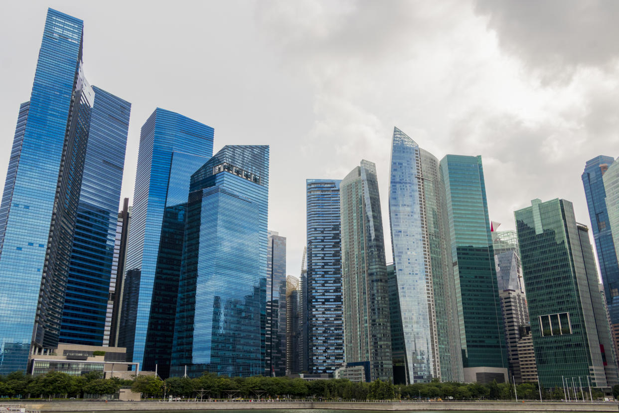 Downtown Core centre business district of Singapore. Skyscrapers and cityscape. Panorama