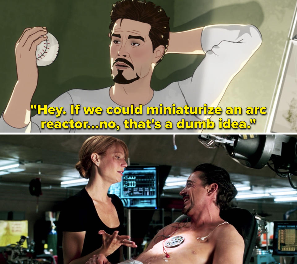 Tony saying, "If we could miniaturize an arc reactor. No, that's a dumb idea"