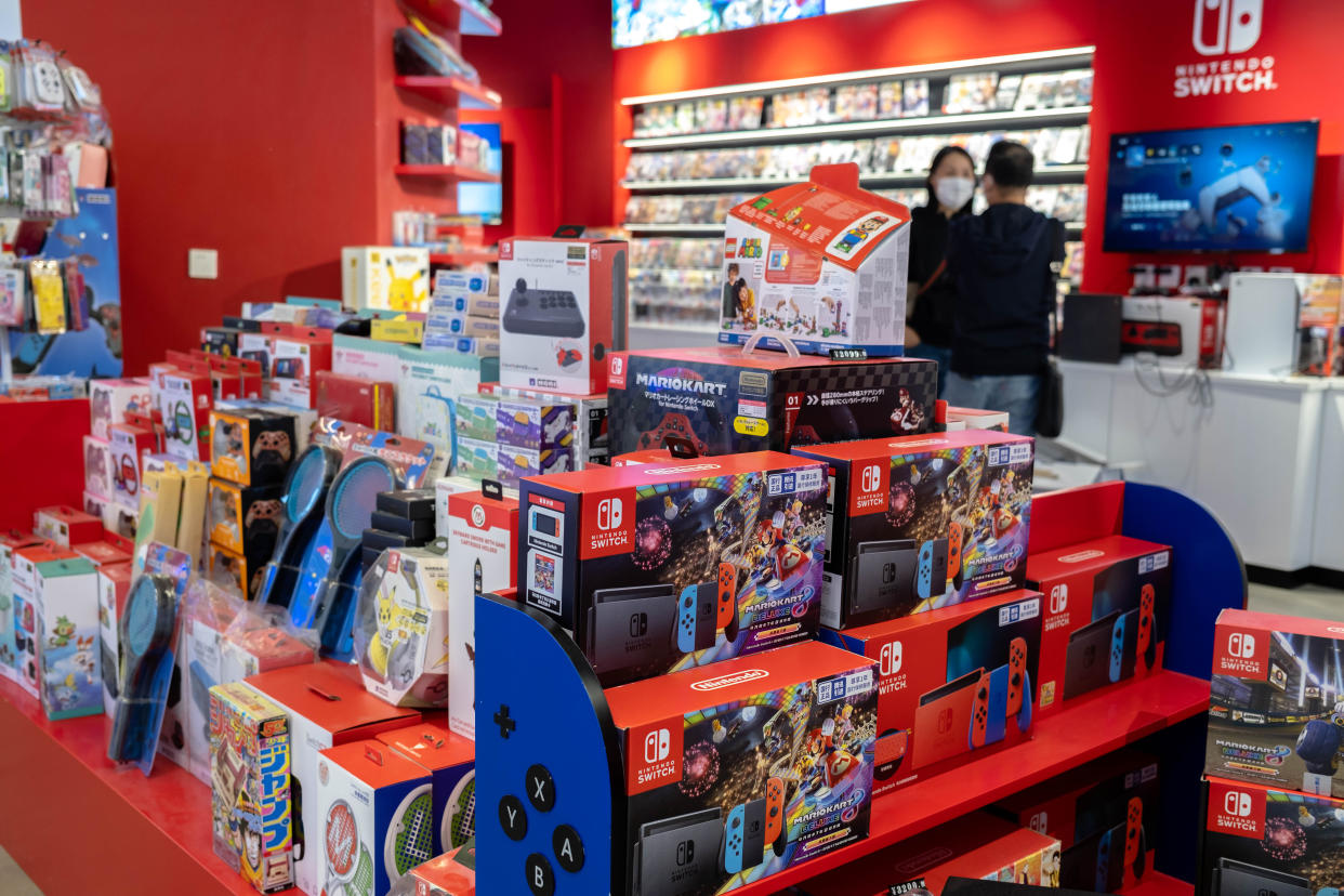 TIANJIN, CHINA - 2021/11/14: All versions of Switch games in a Nintendo store.  Affected by the shortage of chips, the production volume of the Nintendo Switch is estimated to be reduced by 20% till March of 2022. (Photo by Zhang Peng/LightRocket via Getty Images)